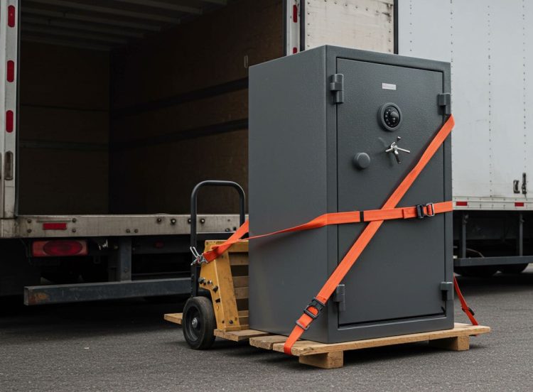 Professional movers using heavy-duty straps and dolly for safe transport moving