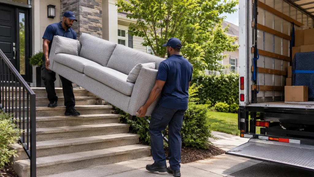 Two movers carefully carrying a sofa down front steps toward a parked moving truck