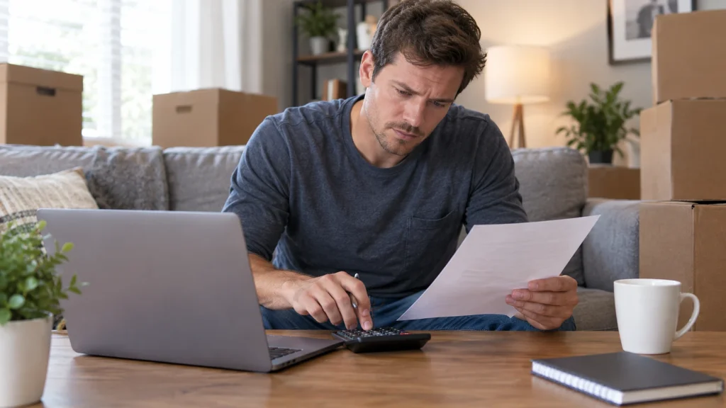 Person at a table with a laptop and notepad planning a moving budget next to stacked cardboard boxes